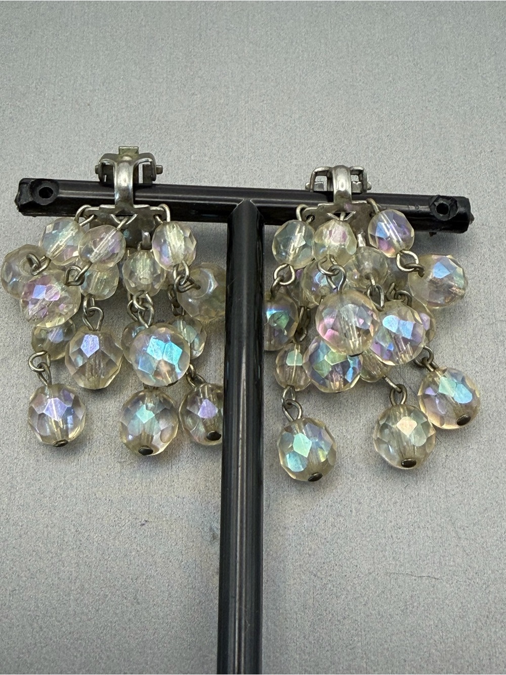 Aurora Borealis Crystal Waterfall Cluster Clip-On Earrings - Iridescent Vintage